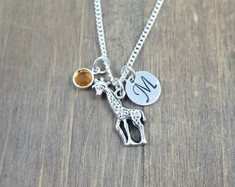 Personalized Giraffe Necklace - Hand stamped Monogram Giraffe Necklace - Initial, Birthstone Necklace - Swarovski Crystal Birthstone