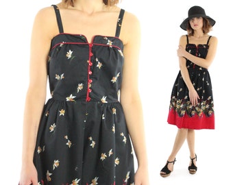 Vintage 70s Sundress Sleeveless Dress Black Floral Hippie Boho 1970s Black Red Medium M