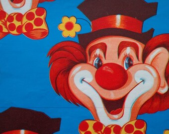 Vintage 1970s Gift Wrap -- Big Clown Face on Bright Blue--1 Sheet Wrapping Paper