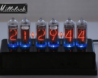 IN-14 Nixie tube Clock assembled with black acrylic and dark wooden ENCLOSURE and adapter 6-tubes by MILLCLOCK
