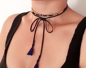 Leather Necklace Choker / Wrap Necklace/ Tassel Necklace/ Bohemian Necklace/ Beaded Necklace / Wrap Choker / Choker Necklace / Boho Necklace