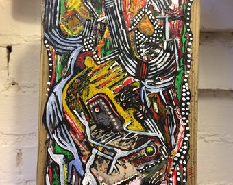 Original Abstract Painting Recycled Wood Block Mixed Media Star-Trek Comic Art
