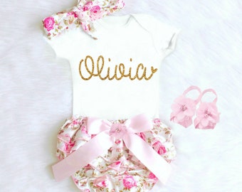 Newborn Girl Outfits, Personalized Baby Girl Coming Home Outfit, Baby Girl Summer Clothes, Newborn Girl Personalized Baby Gifts Girl