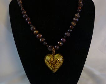 Bronze Colored Glass Bead Necklace with Gold Fused Glass Heart