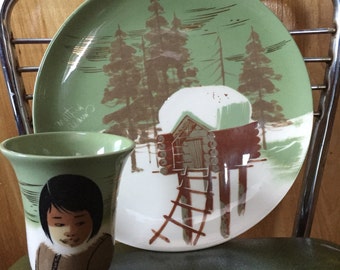 Matthew Adams handpainted vintage "Alaska line" ceramic plate/cup set