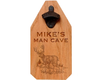 Personalized Man Cave Wood Sign - Rustic Deer Hanging Beer Bottle Opener - Deer Hunting Gift Ideas
