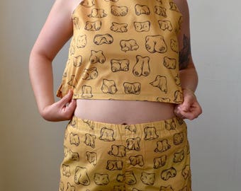 Handmade and illustrated fabric tank and shorts set- BOOBIES