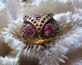 Wise Owl Ring with Pink Rhinestone Eyes - 5529