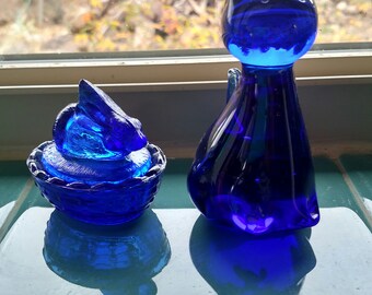 Set of Two Dark Blue Glass Figurines