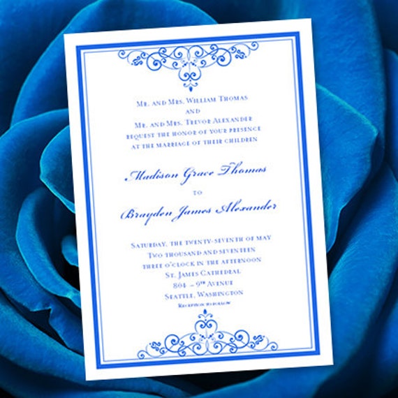 Royal Blue Wedding Invitation Template Editable Microsoft