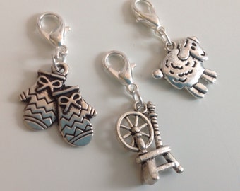 Wool themed progress keepers or stitch markers (set of 3) spinning wheel / mittens / sheep