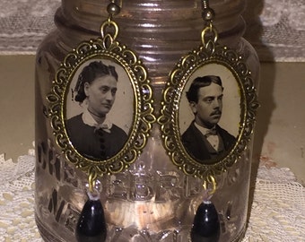 Victorian Gem Tin Type Photo Earrings with Edwardian Era Black Glass Drops