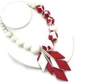 Jay Strongwater Feinberg Jewelry - Red White, Lucite and Wood Statement Necklace, Designer Costume Jewelry, Retro 1980s