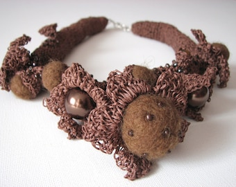 Fine Art Chocolate Garden - organic linen Crochet Necklace OOAK
