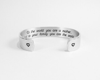 Mom Gift / Mother's Day Gift / Gift for mom ~ To the world you are a mother, but to your family you are the world. ~ 1/2" message cuff