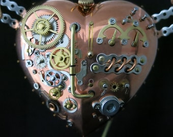 Steampunk Sculpture Art Flying Mechanical Heart Wings Industrial Ornament Vintage Gears Watch and Clock parts Assemblage