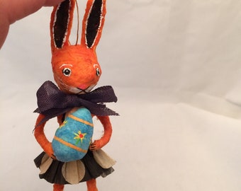 Spun Cotton Orange Bunny Rabbit with painted egg feather tree ornament by Maria Paula