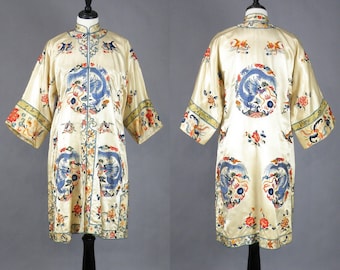 Vintage 1920s Chinese Embroidered Silk Robe Kimono Jacket with Dragons, 20s Asian Flapper Robe, Antique Kimono Chinese Coat