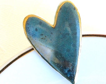 Ceramic Heart Brooch. Jade Green. Blue Gray. Porcelain. Aqua Green. Sage Green. Earth Tone. Clay. Teal. Large Pin. 22K Gold Edge