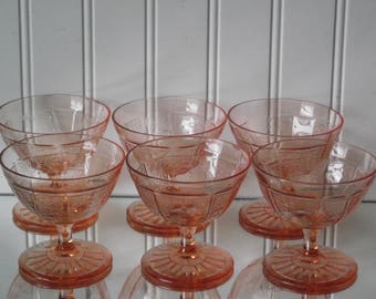 Six pink Princess footed 3 3/8" sherbets, manufactured by the Hocking Glass Co. from the 1930's