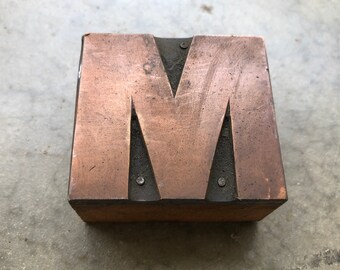 Antique Copper on wood Printers Block - Letter M