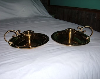 2 Vintage Large Brass Plate Candle Holders-12 1/2" in Diameter