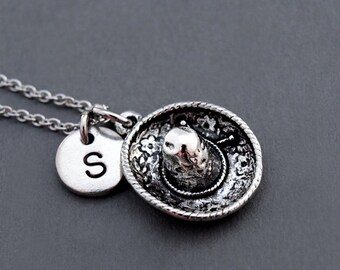 Sombrero Hat necklace, Mexican Sombrero necklace, Mexican hat necklace, Spanish Sombrero, silver Sombrero, initial necklace, monogram