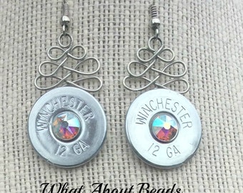 Silver Shotgun Shell Earrings with Swarovski Crystal