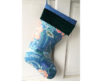 Elegant Victorian Christmas Stocking - Blue Jacobean with Green Velvet Cuff Modern Heirloom Holiday Decor