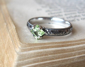 Square Peridot Gemstone Ring Solitaire Promise Ring Stacking Ring Sterling Silver Princess Cut Alternative Engagement Ring