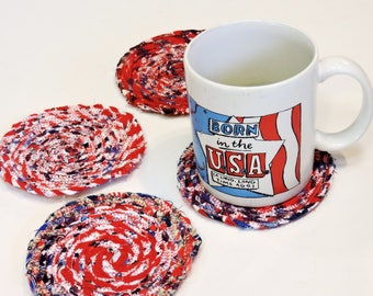 Rag Rope Coasters, Red White Blue Cotton Coiled Mug Rugs, Textile Fiber Art Furniture Protectors, Set of 4, Housewarming Gift itsyourcountry