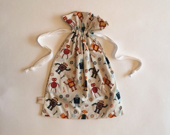 Robot print bag with drawstring top / boys PE bag made from robot fabric