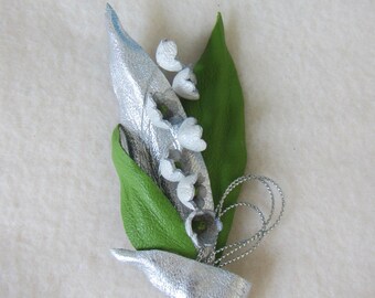 Flower Lily-of-the-valley Leather brooch, May-lily Brooch leather, leather flower brooch, Lily-of-the-valley brooch, spring Flower brooch
