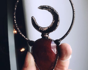 Ruby pendant w/ crescent moon ~ leather cord