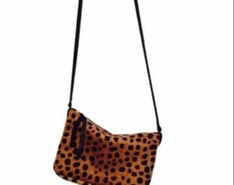 Leopard print cross body bag. Hair-on-hide bag. Leopard handbag.