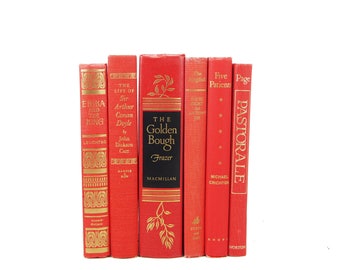 Scarlet Red Decorative Books, Old Coral book set, Wedding Decor, Centerpiece, Book Decor, Antique Books, Instant Library, Interior Design