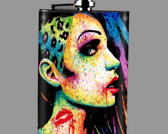 Stainless Steel 8 oz. Hip Flask - Pop Art Horror Splatter Portrait - Edgy Alternative Punk Rock Girl - Intoxicated