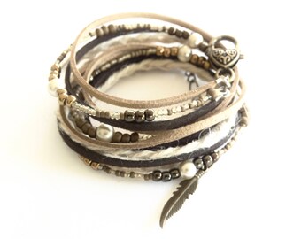 LEATHER BRACELET for Women Multi Wrap BOHO Faux Leather Beaded Bracelet Tan Layered Hemp Wrap Bracelet Womens Leather Bracelet Feather Charm