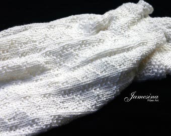 Hand Knit White Diamond Cashmere/Wool Baby Blanket