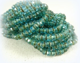 Czech Beads, 5x3mm Rondelle, Czech Glass Beads - Aqua Blue Picasso Rondelle (R5/RJ-1735) - Qty 30