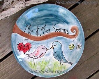 Custom love birds wedding plate engagement gift wedding gift 9th anniversary pottery gift custom pottery plate bride groom rustic wedding