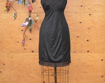 Vintage 50's Black Slip / Nightgown With Lace Detail SZ M