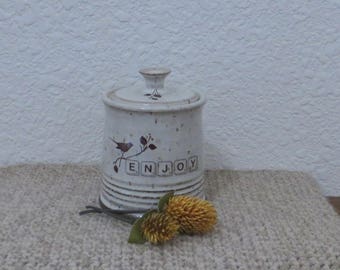 Teeny Wee Canister Jar - Handmade Stoneware Pottery Ceramic - White - Bird - 8 ounce