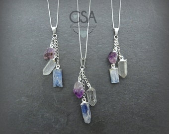 Quartz Crystal Gemstone Point//Triple Quartz Amethyst and Kyanite Necklace//Natural Gemstone Point Silver//Triple Gemstone Point Necklace