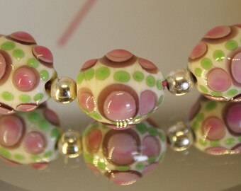Beautiful Handmade Lampwork Bead Set, Pink, Purple, Green & Ivory