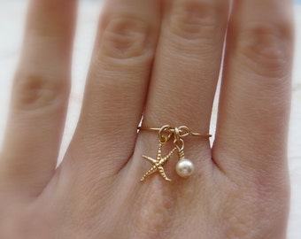 Charm ring, Beach ring, Gold filled ring, Starfish ring, Dainty ring, Delicate ring, Pearl ring