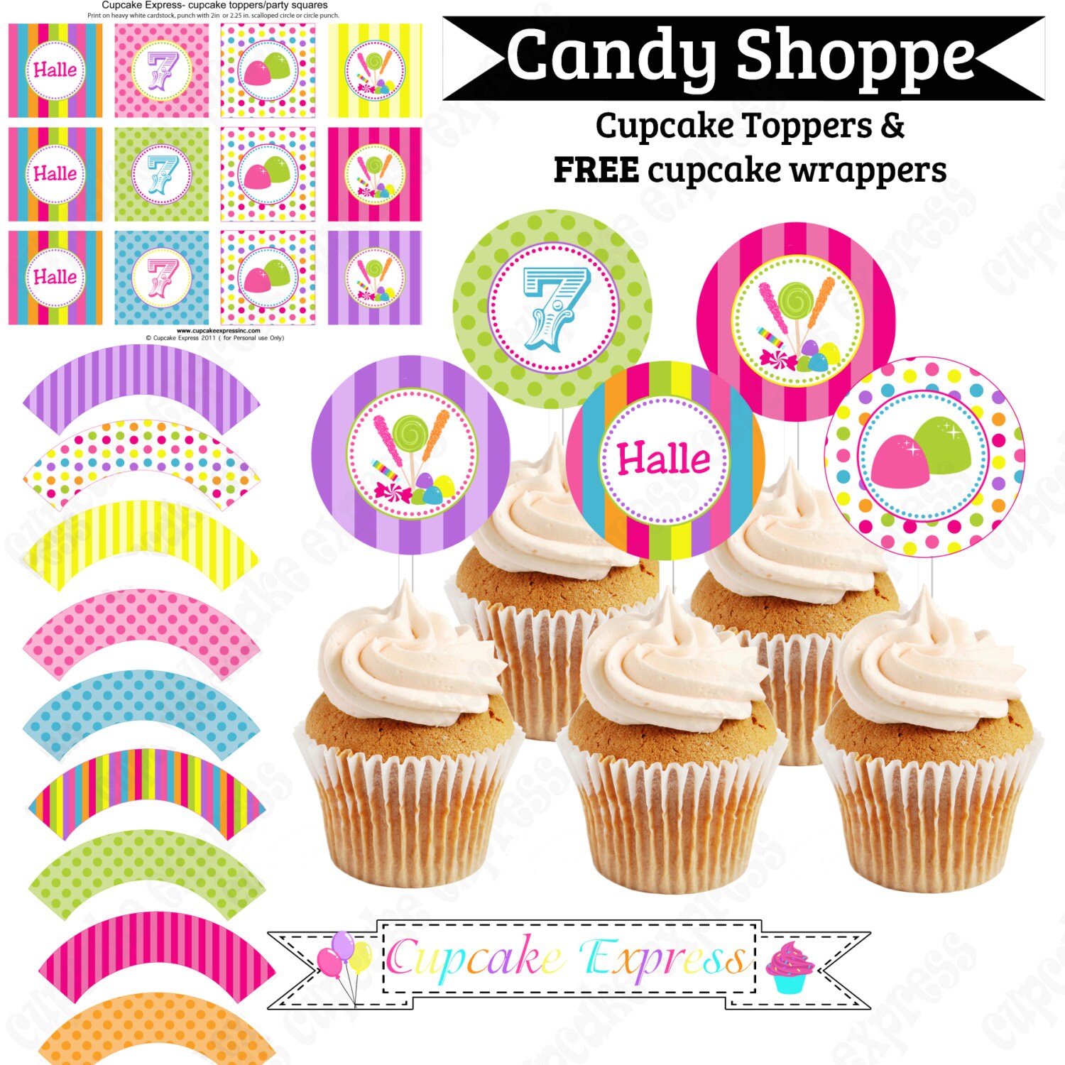 Candy Shoppe Cupcake Topper Birthday Party PRINTABLE pink