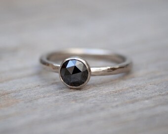 Rose Cut Black Diamond Engagement Ring, Round Diamond Solitaire Ring, Handmade Diamond Wedding Gift