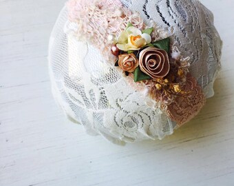 Autumn Brush - Blush Pink Cream Peach Lace Headband - Vintage - Flowers - Girls Newborns Baby Infant Adults