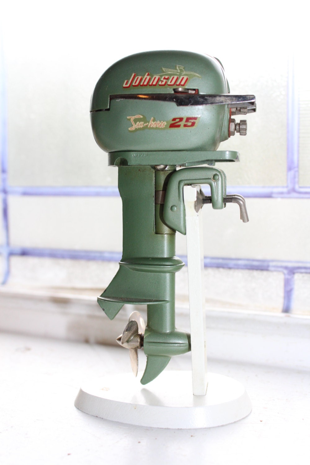 Toy Johnson Seahorse 25 Outboard Motor with Box and Papers Vintage 1950s